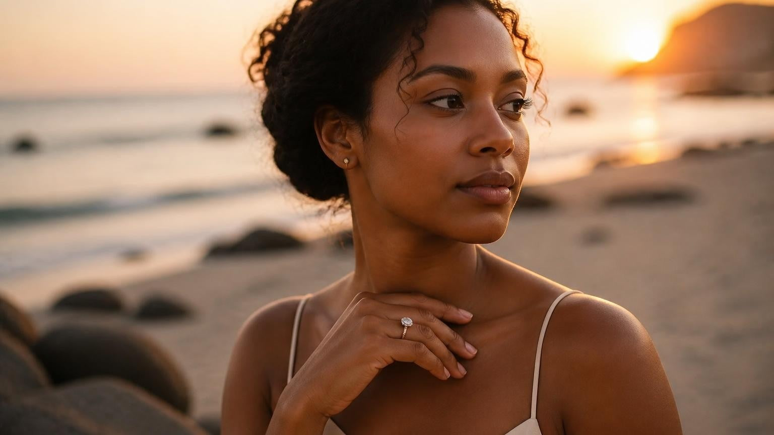 Best engagement rings in Martinique — elegant Martiniquaise woman with solitaire ring at Les Salines beach sunset
