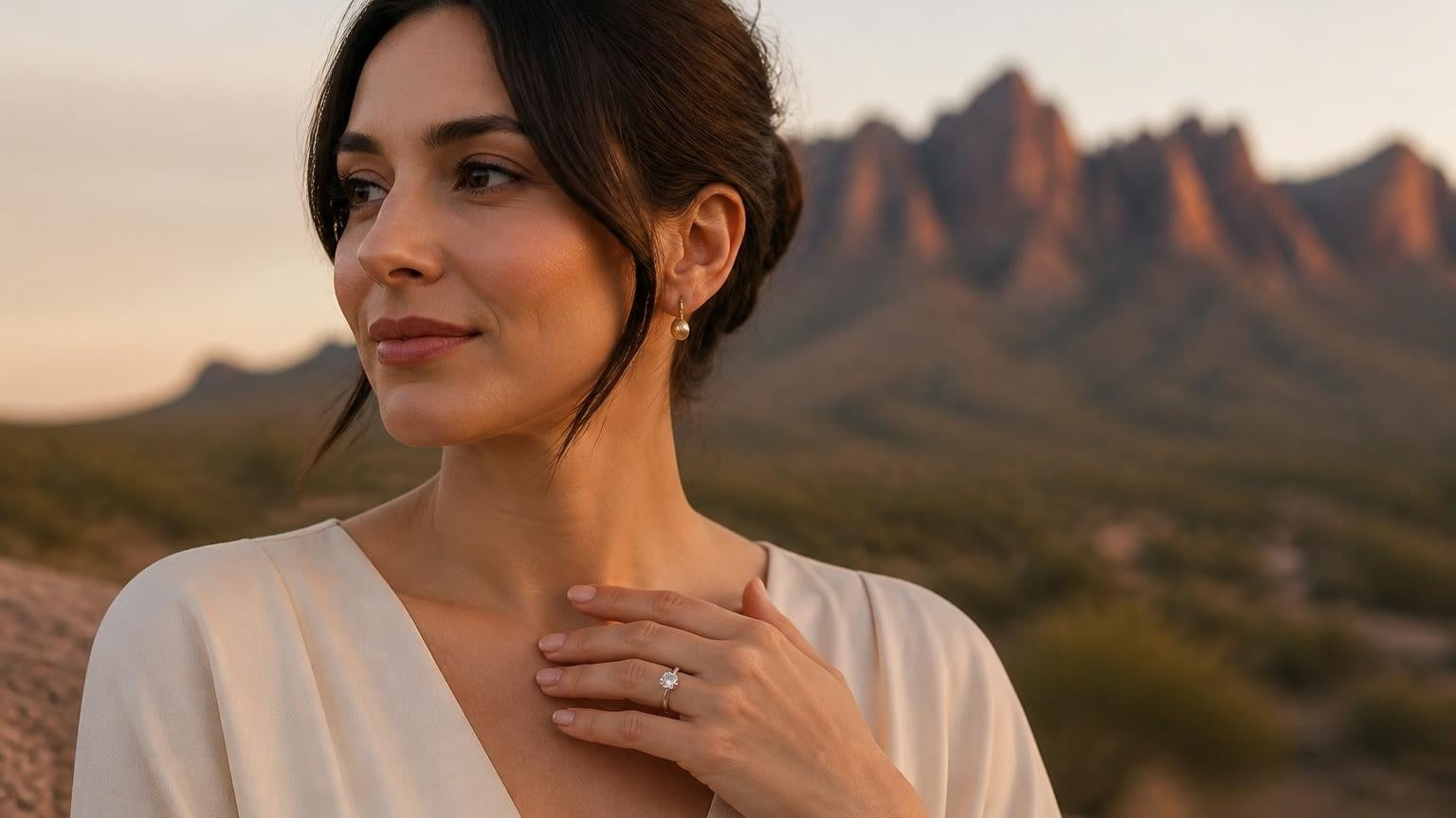 Best engagement rings in Mesa, Arizona — woman with Satéur Destinée Ring at Superstition Mountains golden hour