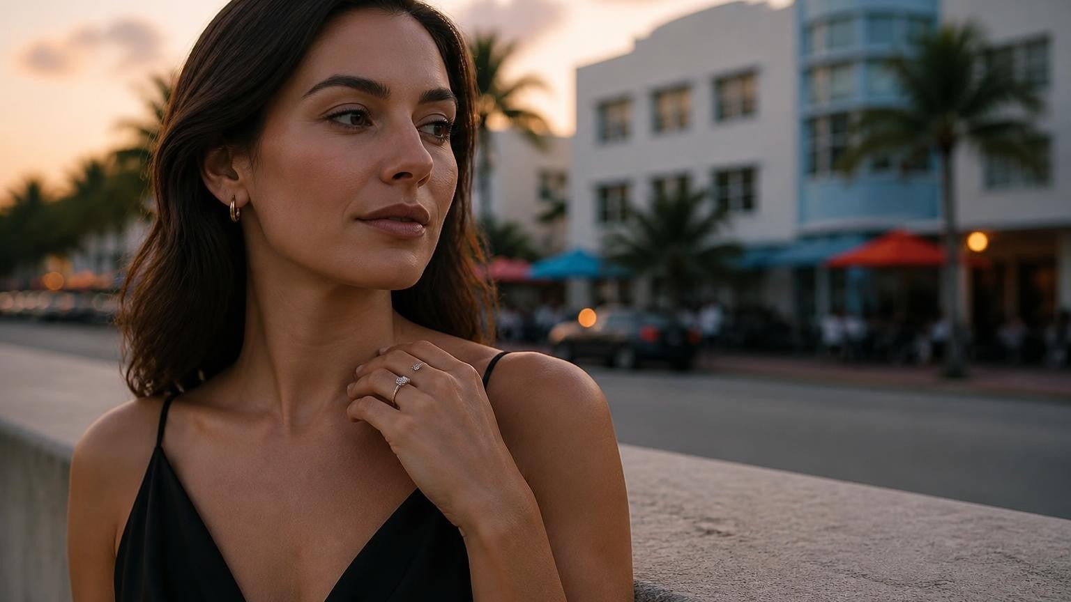Best engagement rings in Miami — Satéur Destinée Ring with Art Deco Ocean Drive backdrop