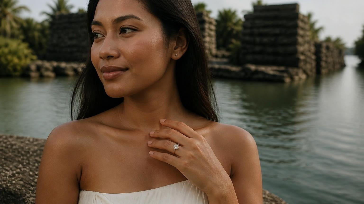 Best engagement rings in Micronesia — Satéur Destinée Ring with Nan Madol ancient ruins, Pohnpei lagoon