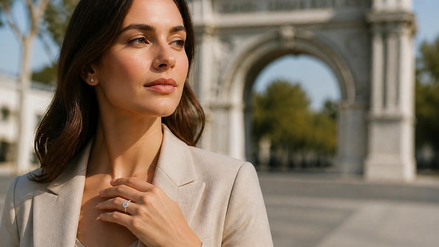 Best engagement rings in Modesto — Satéur Destinée Ring near the iconic Modesto Arch