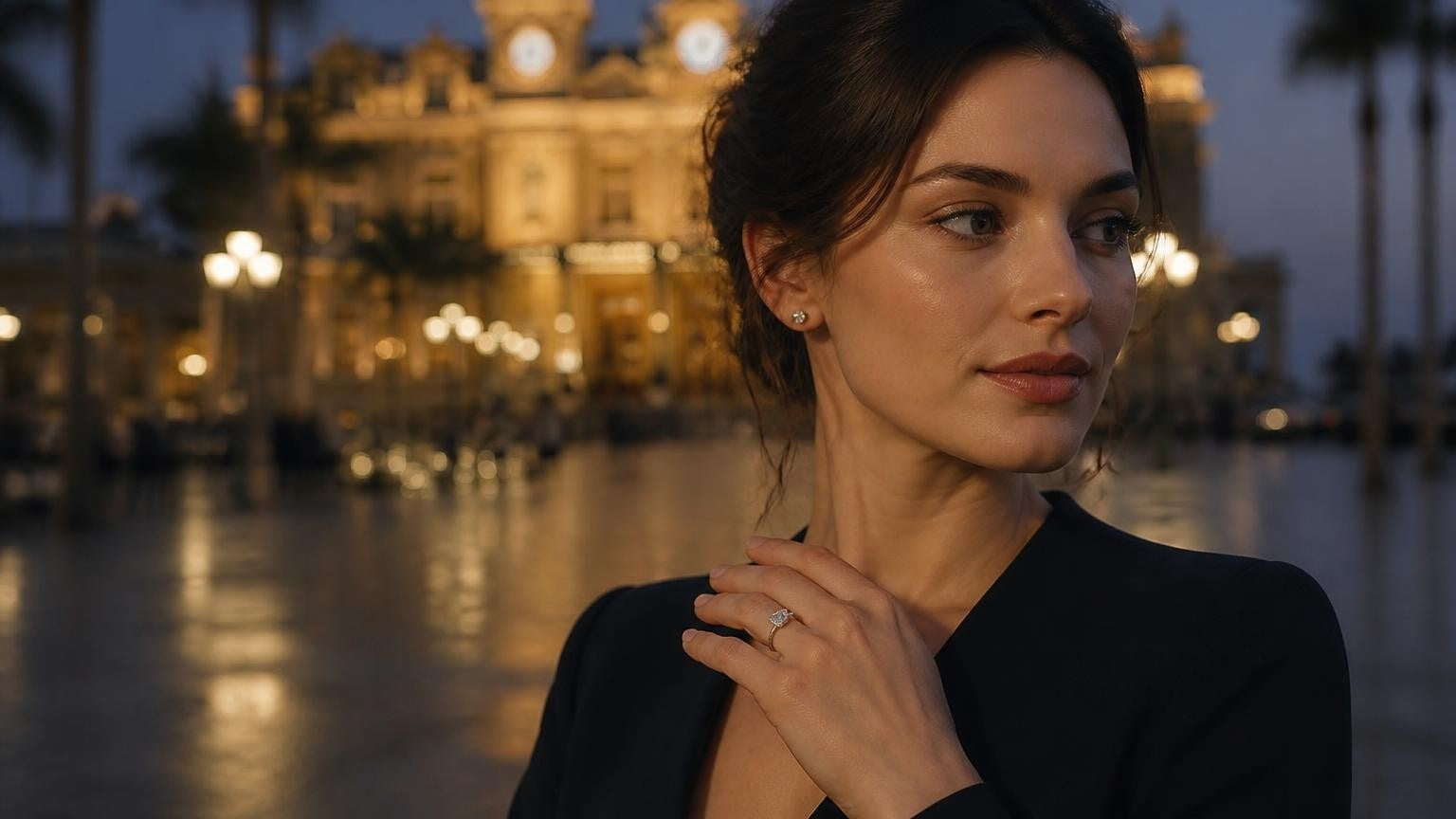 Best engagement rings in Monte Carlo — Satéur Destinée Ring with the Casino de Monte-Carlo at dusk