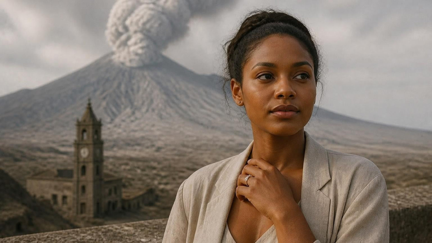 Best engagement rings in Montserrat — Montserratian woman with ring, Soufrière Hills volcano backdrop