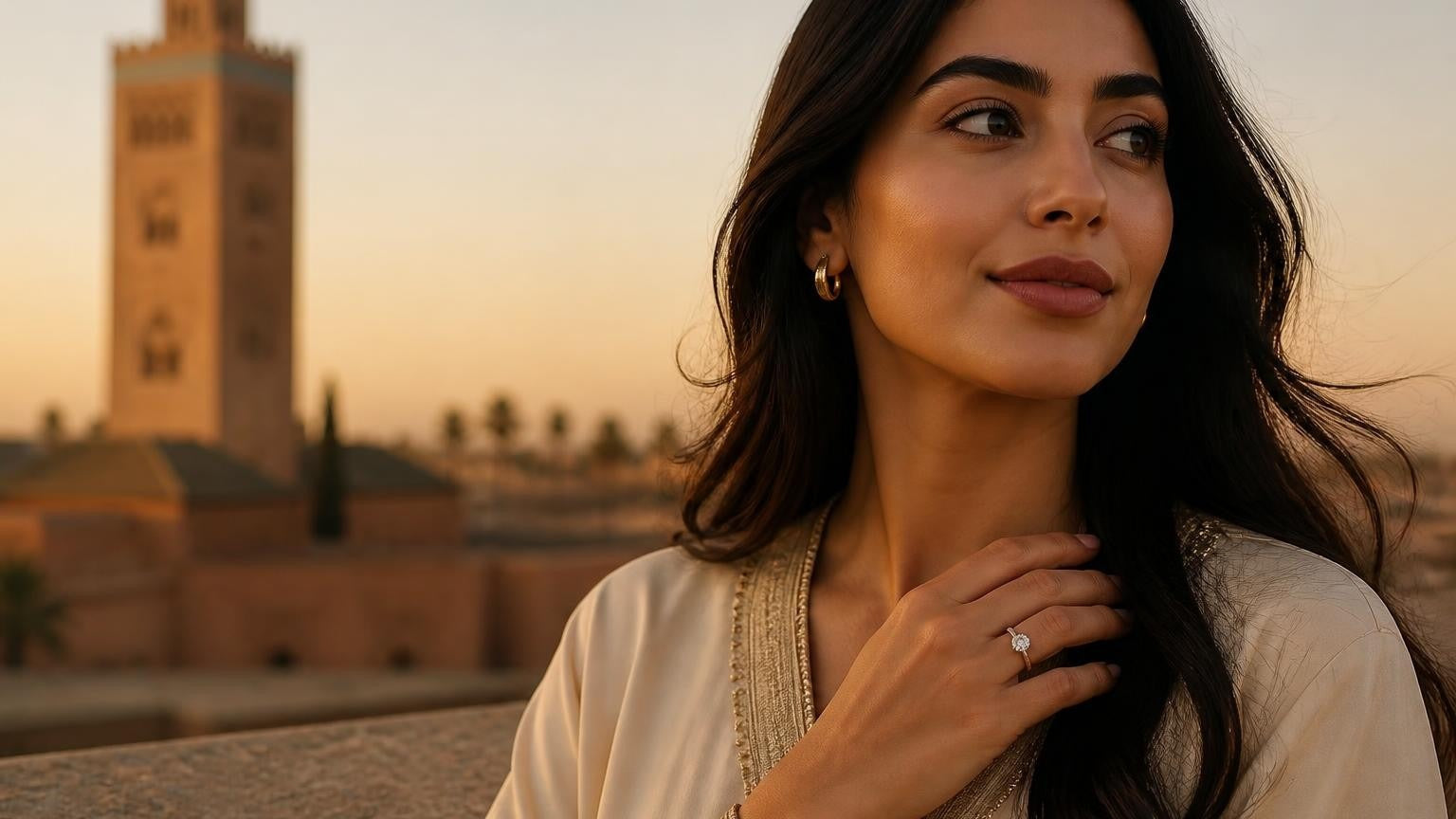 Best engagement rings in Morocco — Satéur Destinée Ring with Koutoubia Mosque at golden hour
