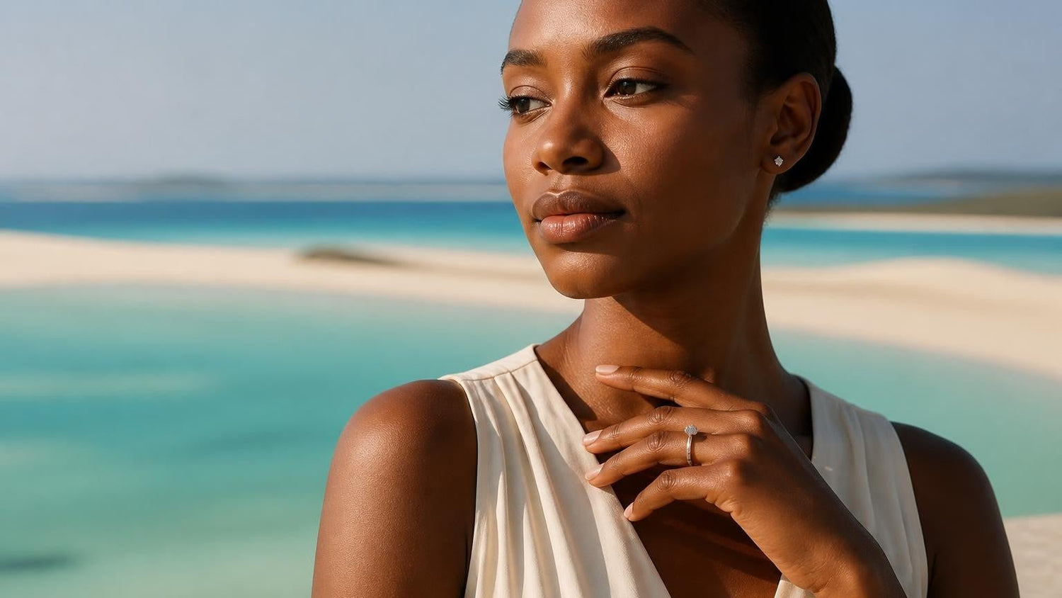 Best engagement rings in Mozambique — Satéur Destinée Ring™ with Bazaruto Archipelago backdrop