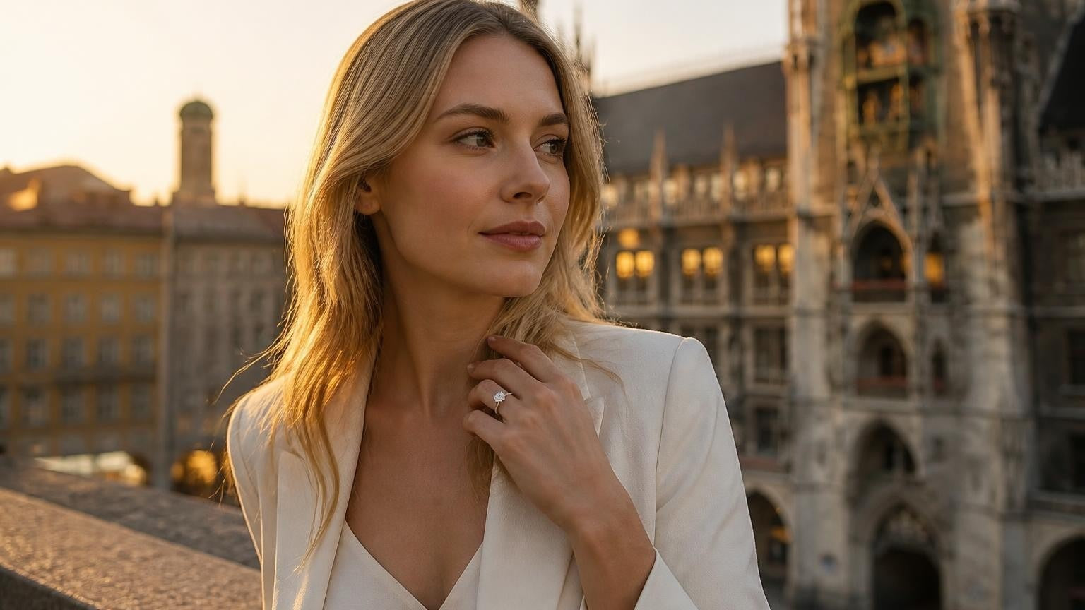 Best engagement rings in Munich — Satéur Destinée Ring with Marienplatz backdrop