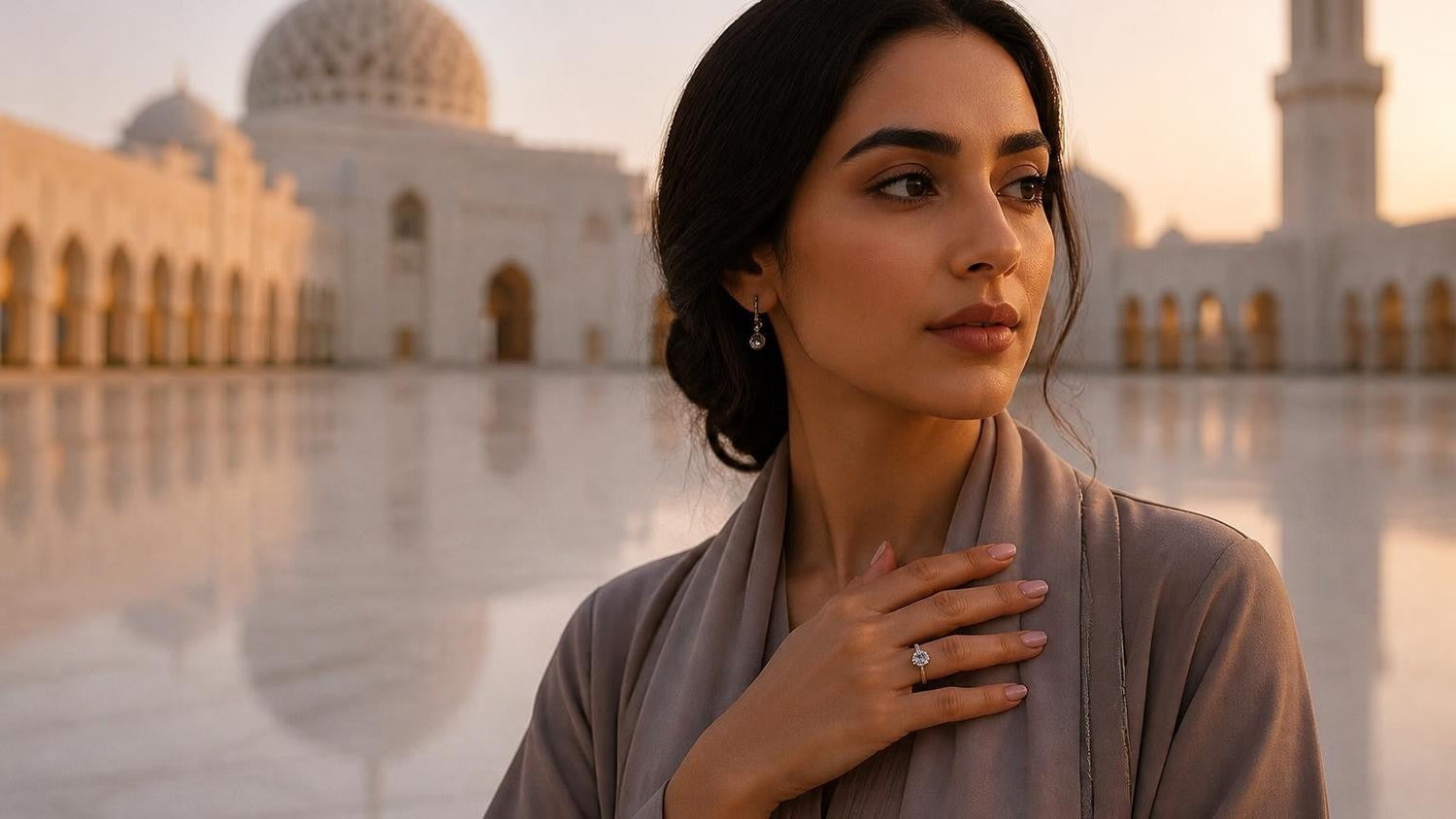 Best engagement rings in Muscat — Satéur Destinée Ring with Sultan Qaboos Grand Mosque at dawn