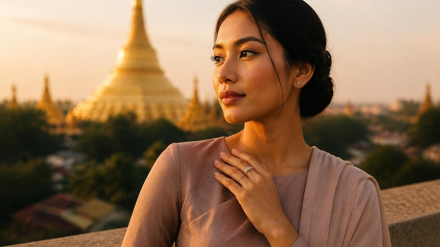 Best engagement rings in Myanmar Burma — Satéur Destinée Ring with Shwedagon Pagoda at golden hour