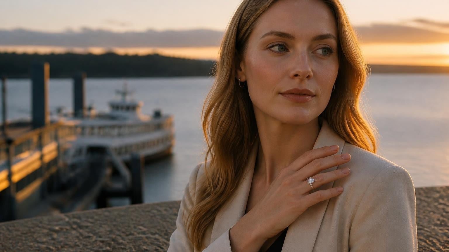 Best engagement rings in Nanaimo — Satéur Destinée Ring with Departure Bay and Georgia Strait at sunset