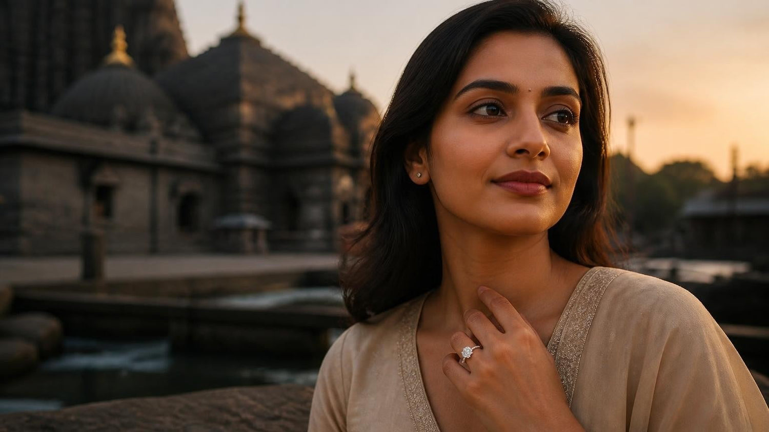 Best engagement rings in Nashik — Satéur Destinée Ring with Trimbakeshwar temple at dusk