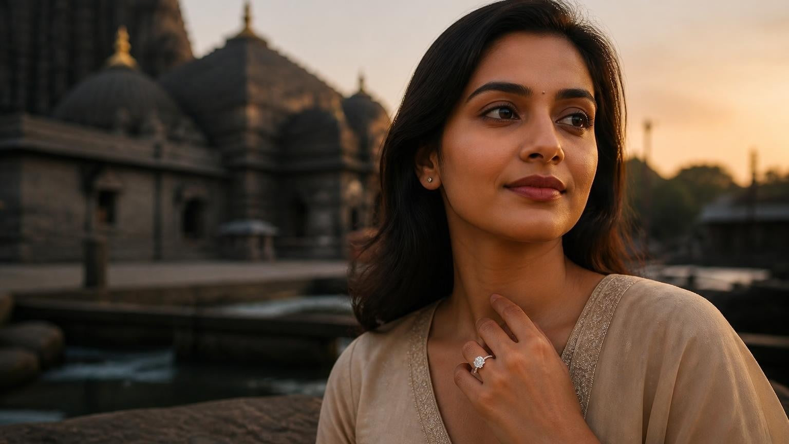 Best engagement rings in Nashik — Satéur Destinée Ring with Trimbakeshwar temple at dusk