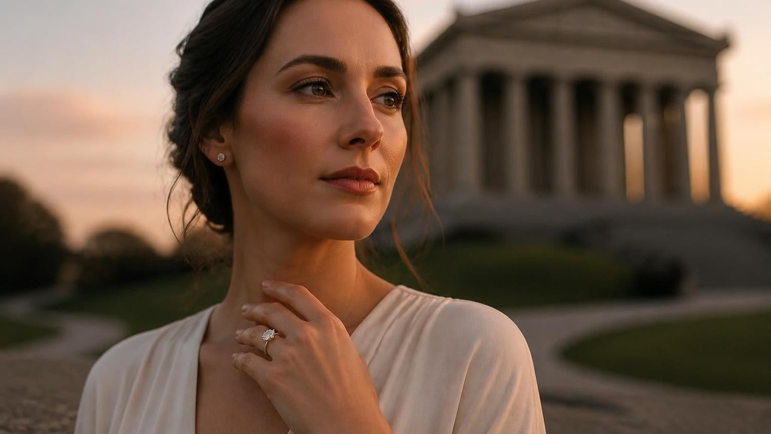 Best engagement rings in Nashville — Satéur Destinée Ring at the Parthenon replica in Centennial Park