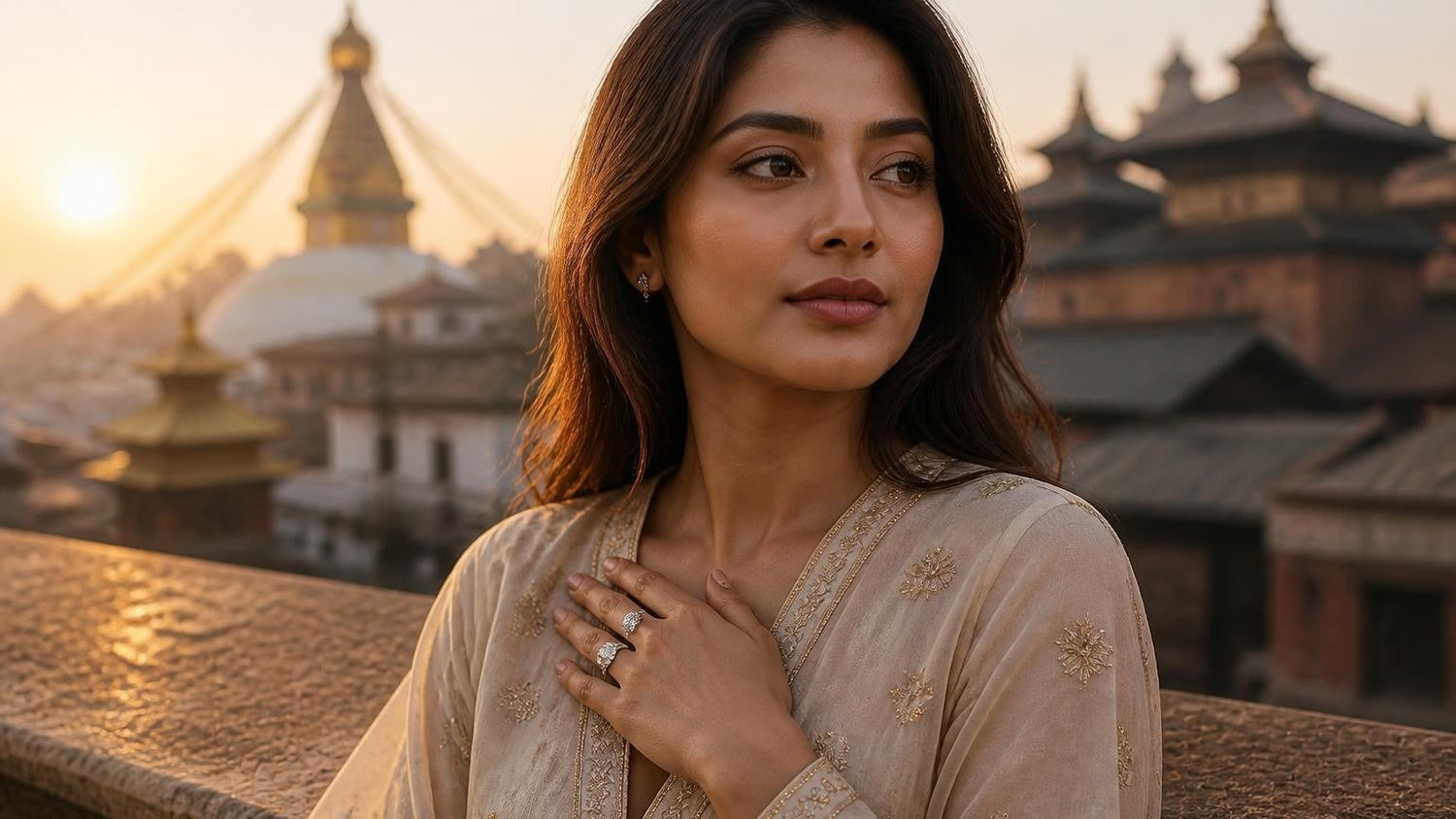 Elegant Nepali woman with Satéur Destinée ring, Boudhanath stupa at golden dawn, Kathmandu Nepal