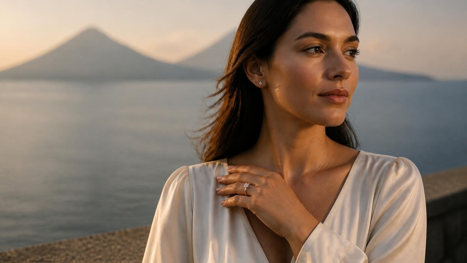 Best engagement rings in Nicaragua — woman with Satéur Destinée Ring, Ometepe twin volcanoes behind