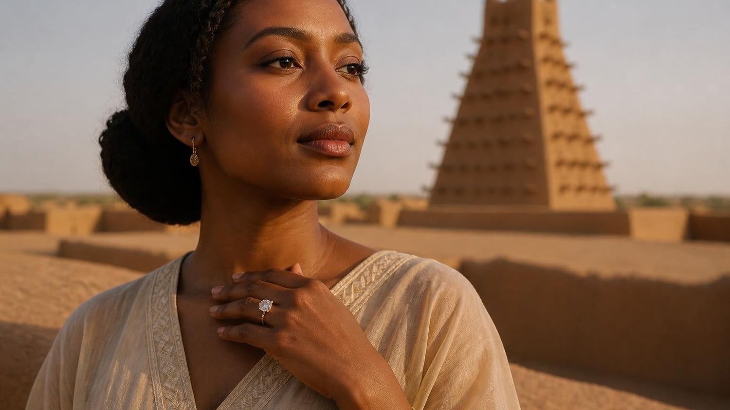 Best engagement rings in Niger — elegant woman with solitaire ring, Grande Mosquée d'Agadez minaret