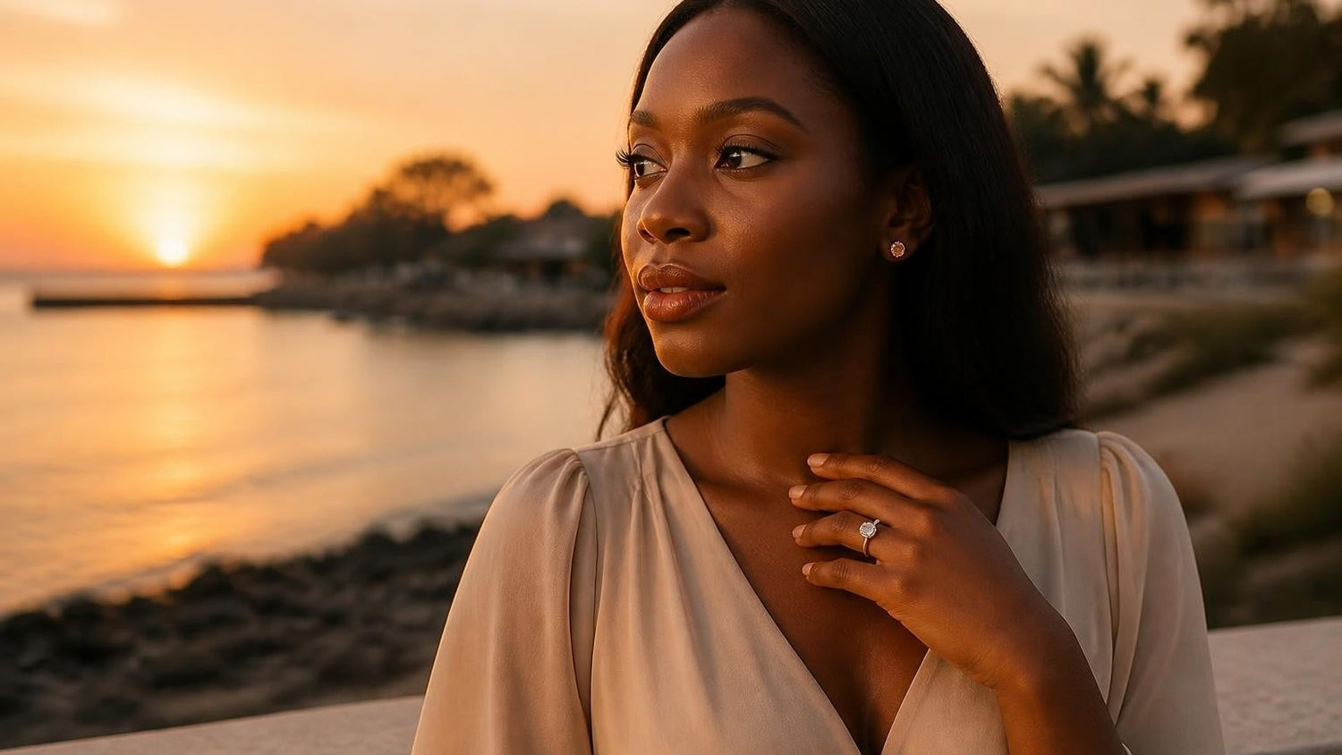 Best engagement ring in Nigeria — Satéur Destinée Ring at Lagos Bar Beach sunset
