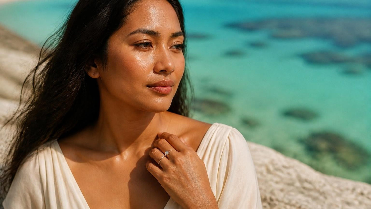 Best engagement rings in Northern Mariana Islands — Chamorro woman with Satéur Destinée ring by the Managaha Island turquoise lagoon