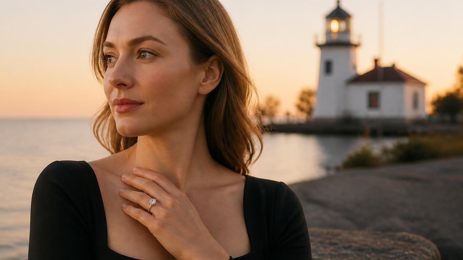Best engagement rings in Oakville — Satéur Destinée Ring at Oakville Harbour lighthouse at golden hour