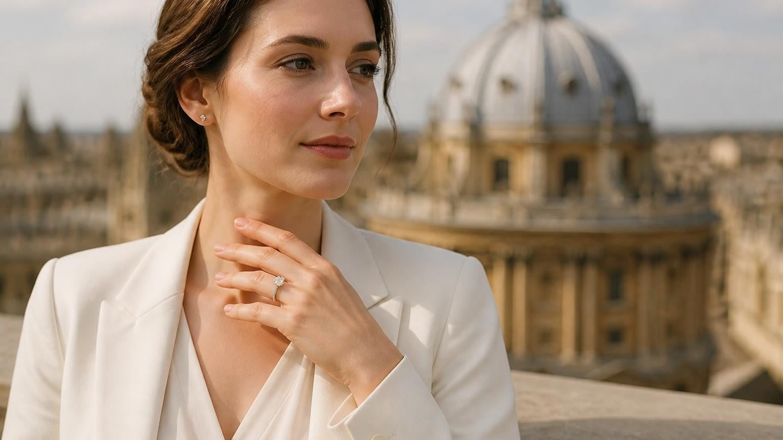 Best engagement rings in Oxford — elegant Satéur Destinée Ring™ with Radcliffe Camera backdrop