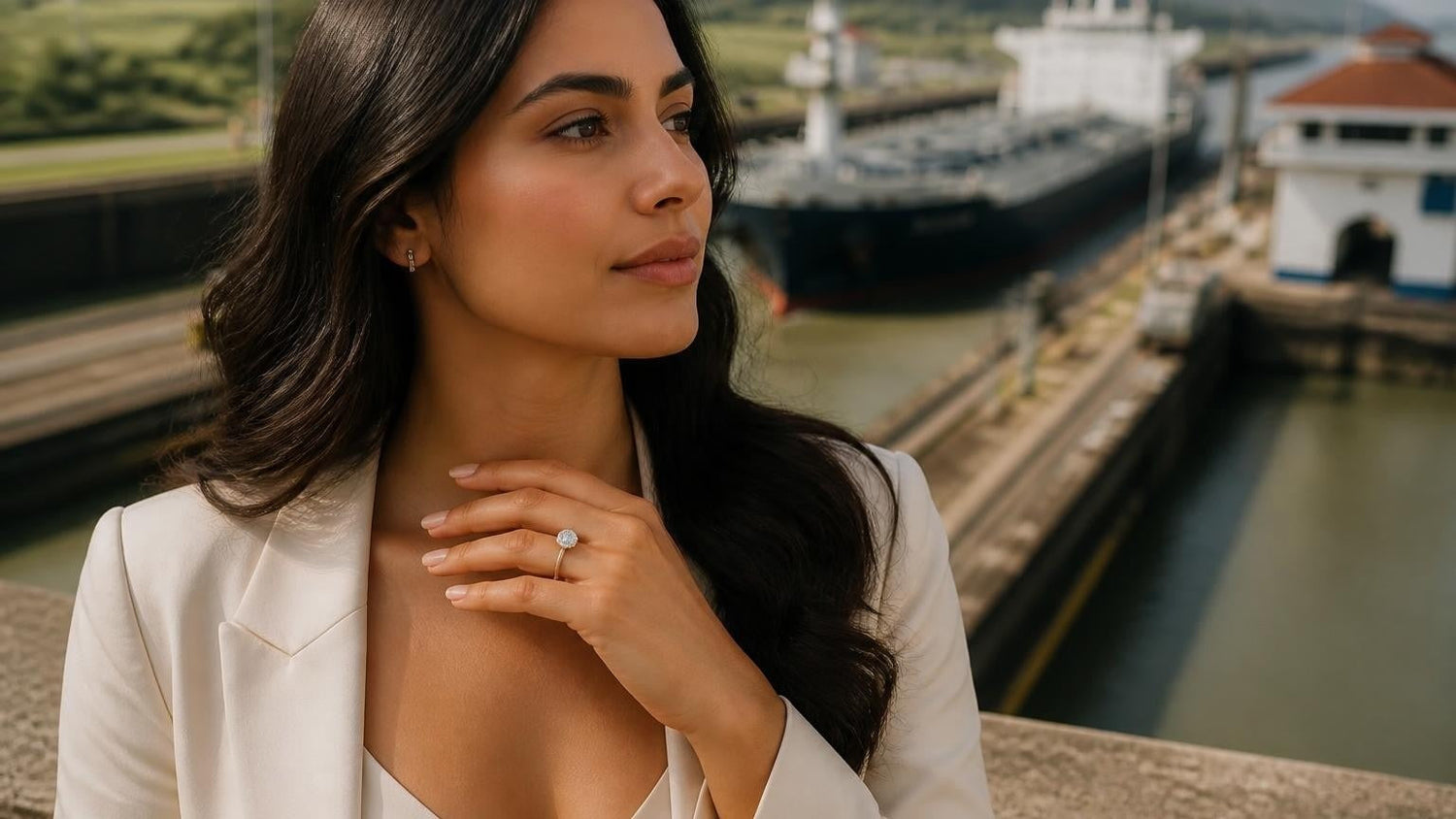 best engagement rings in Panama City — Satéur Destinée Ring with Panama Canal backdrop