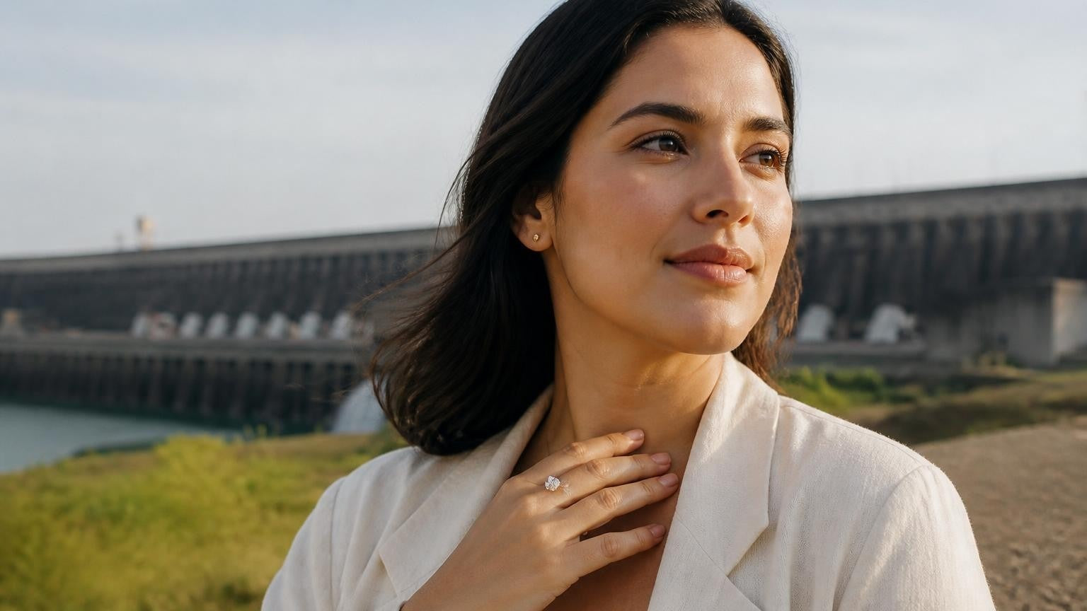 Best engagement rings in Paraguay — elegant woman with Satéur Destinée ring, Itaipú Dam behind