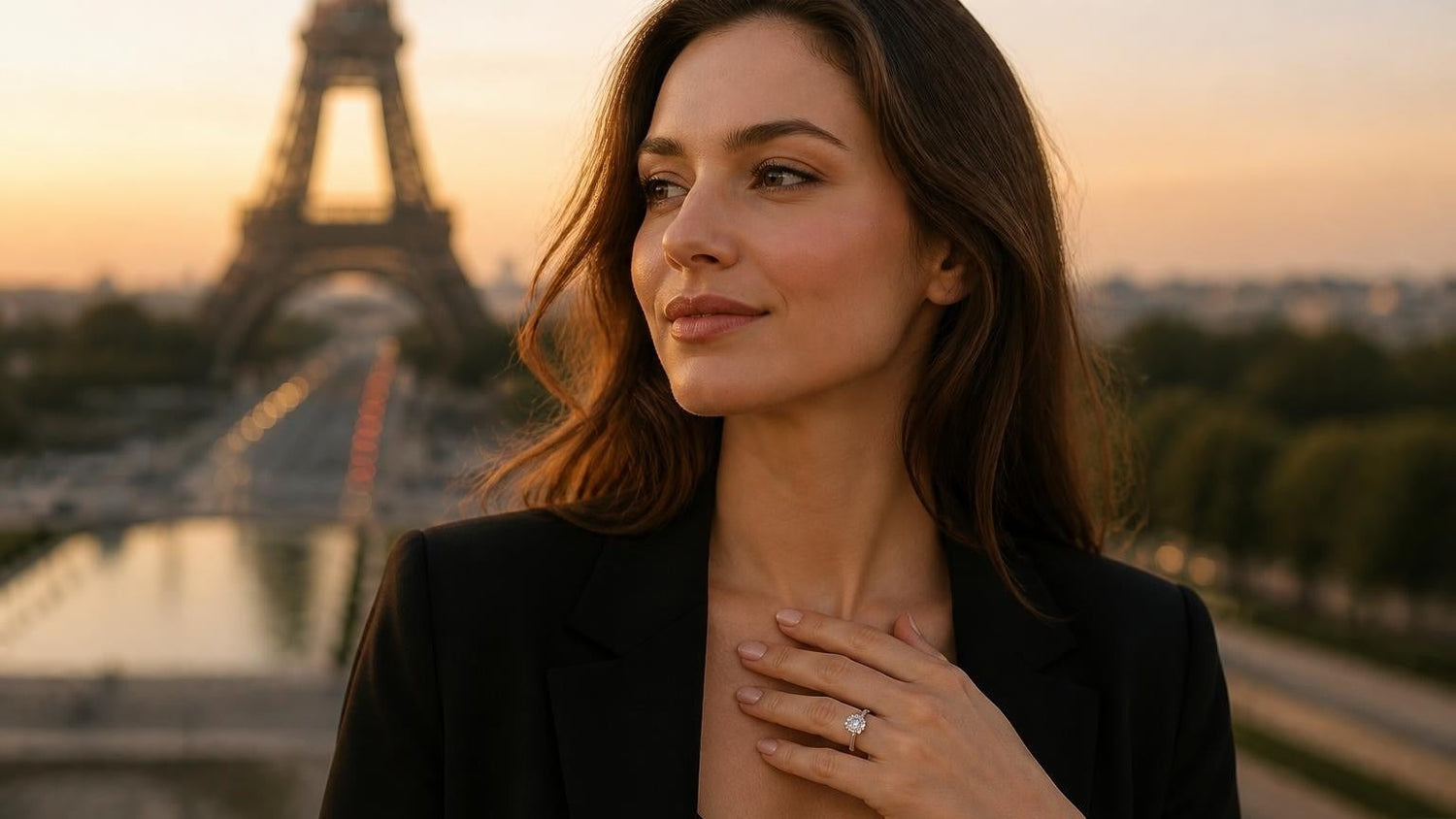 Best engagement rings in Paris — elegant Parisian woman with the Satéur Destinée Ring™ at the Eiffel Tower at golden hour
