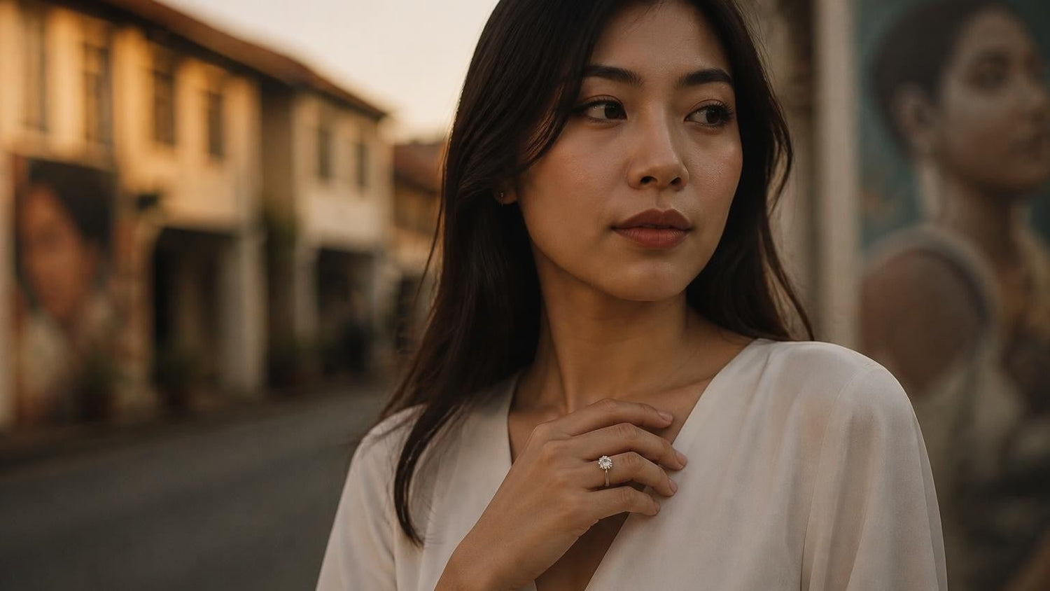 Best engagement rings in Penang — Satéur Destinée Ring at golden hour, George Town UNESCO street-art murals