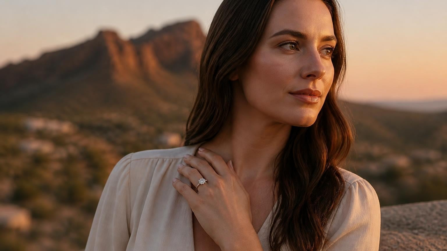 Best engagement rings in Phoenix — Satéur Destinée Ring at Camelback Mountain golden hour