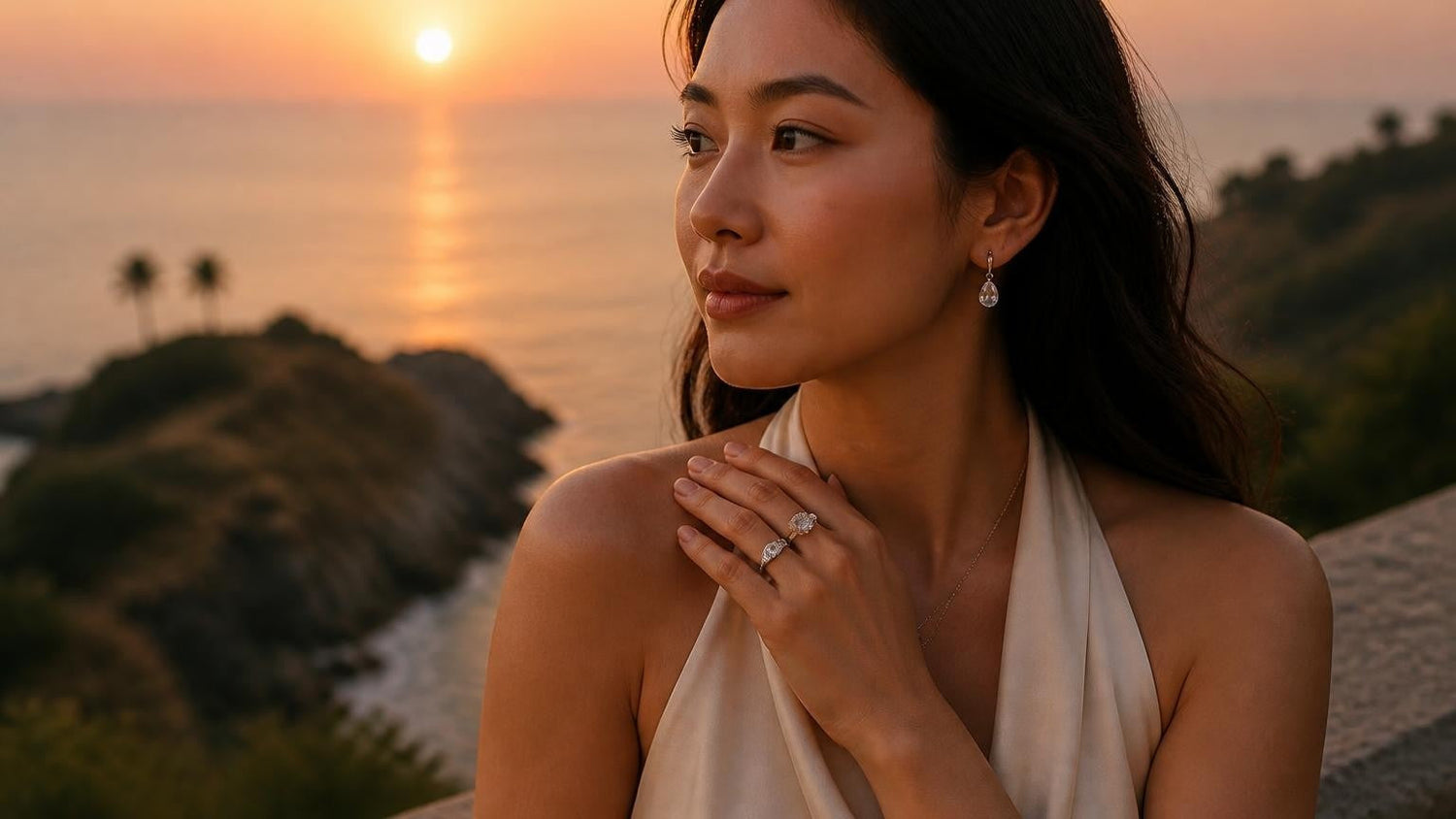 Best engagement rings in Phuket — elegant Thai woman with solitaire ring at Phromthep Cape sunset