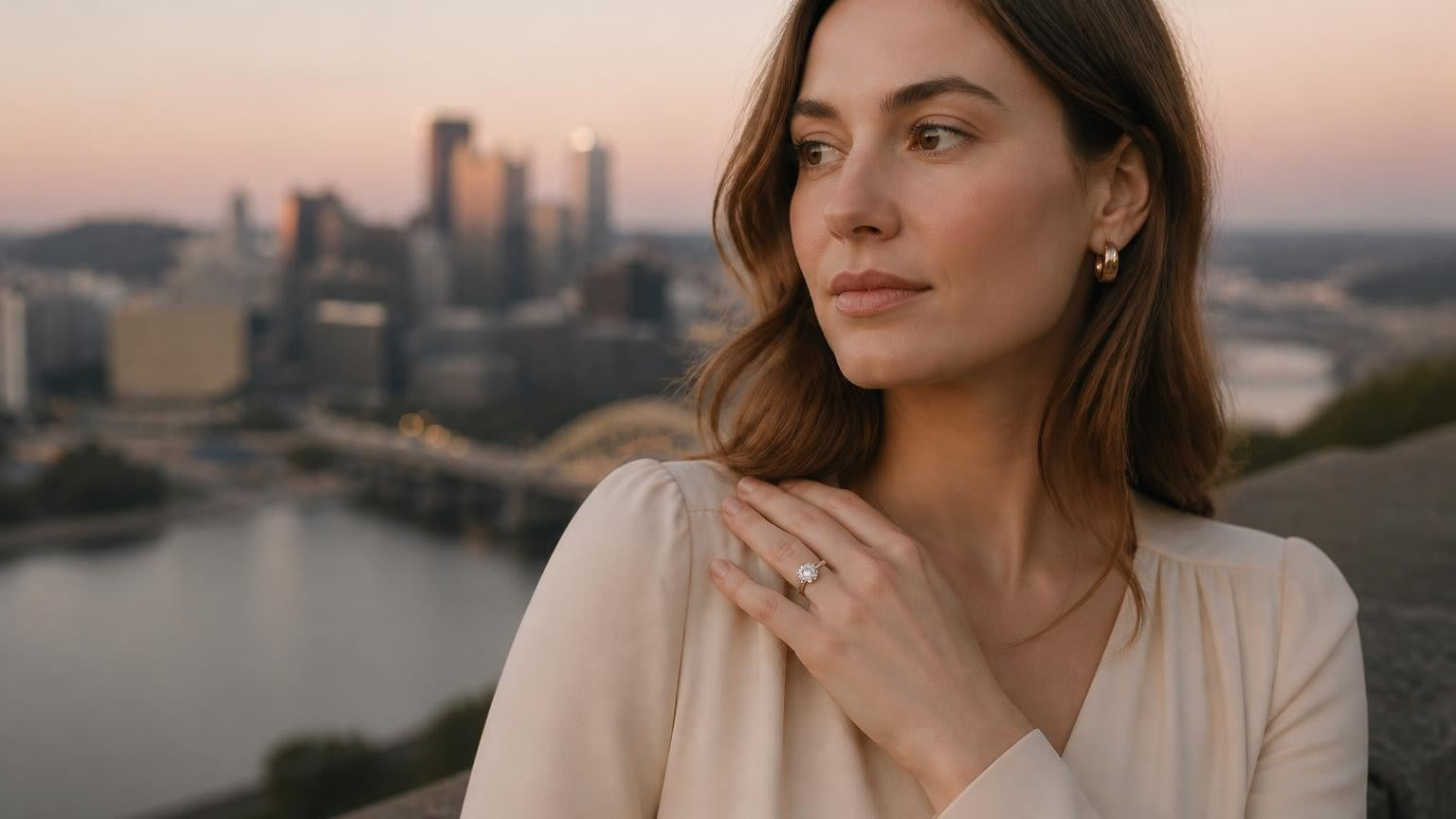 Best engagement rings in Pittsburgh — Satéur Destinée Ring with Pittsburgh skyline and three rivers