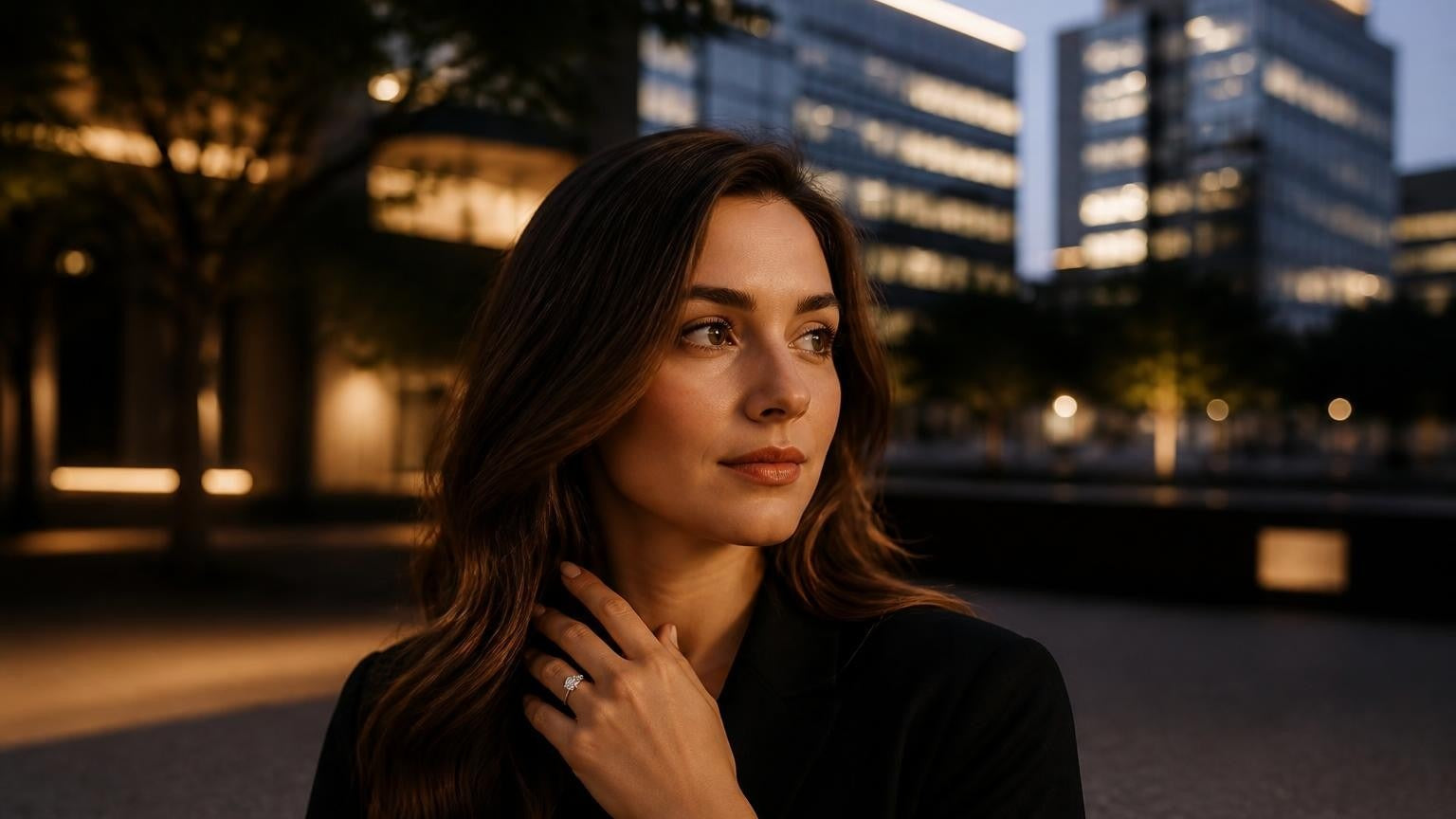 Best engagement rings in Plano — woman wearing Satéur Destinée Ring at Legacy West plaza at dusk