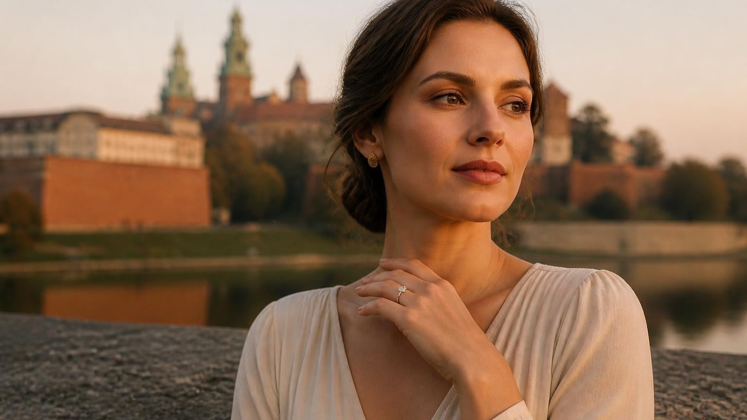 Elegant Polish woman wearing a solitaire engagement ring with Kraków Wawel Castle at golden sunrise