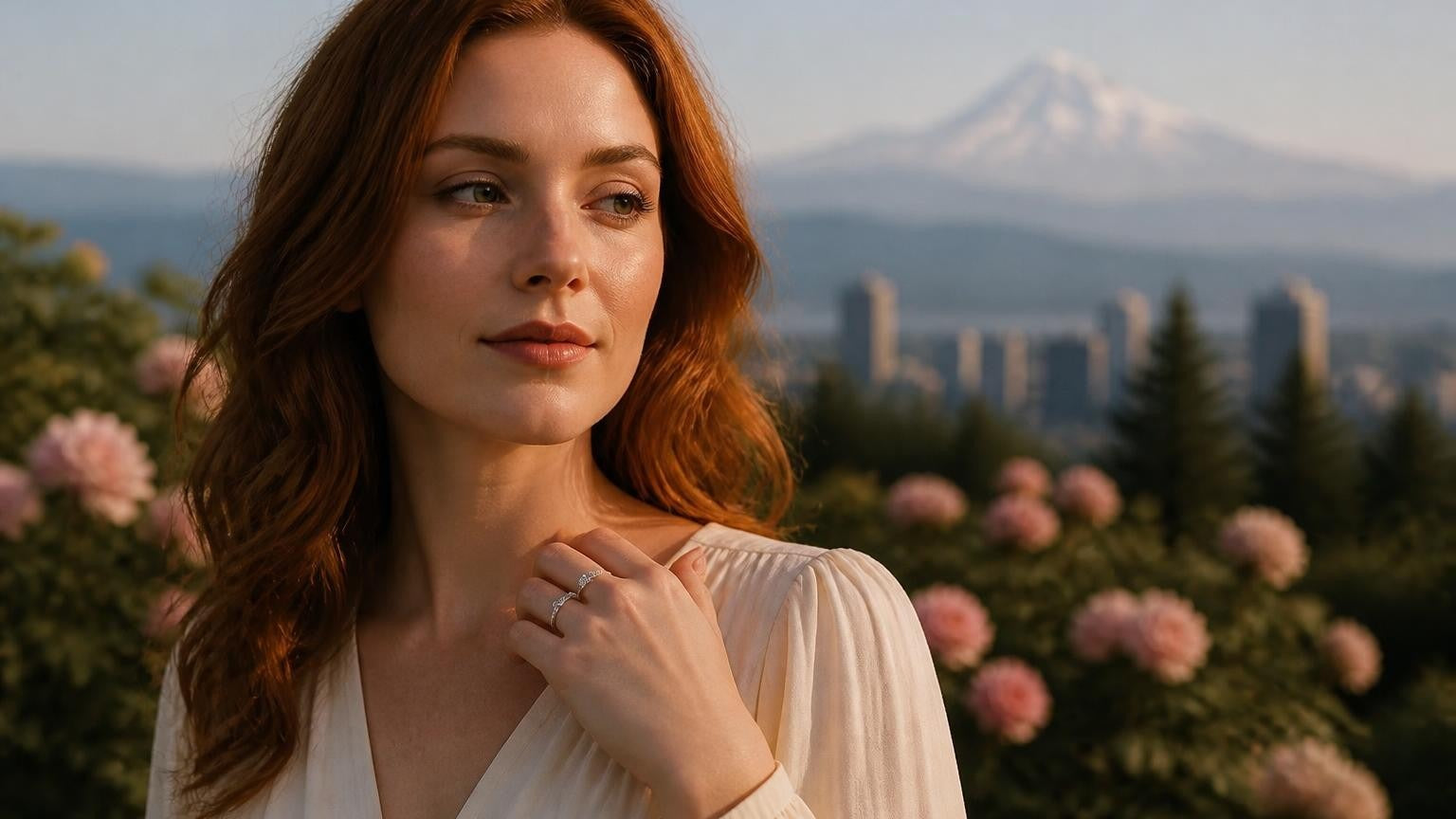 Best engagement rings in Portland — Satéur Destinée Ring at the International Rose Test Garden with Mount Hood