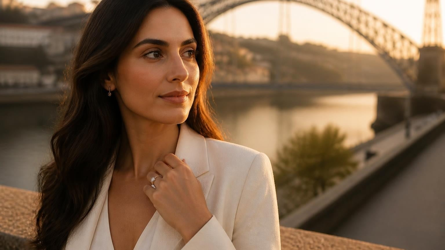 Best engagement rings in Porto — elegant Portuguese woman with Satéur Destinée ring, Dom Luís I bridge at golden hour