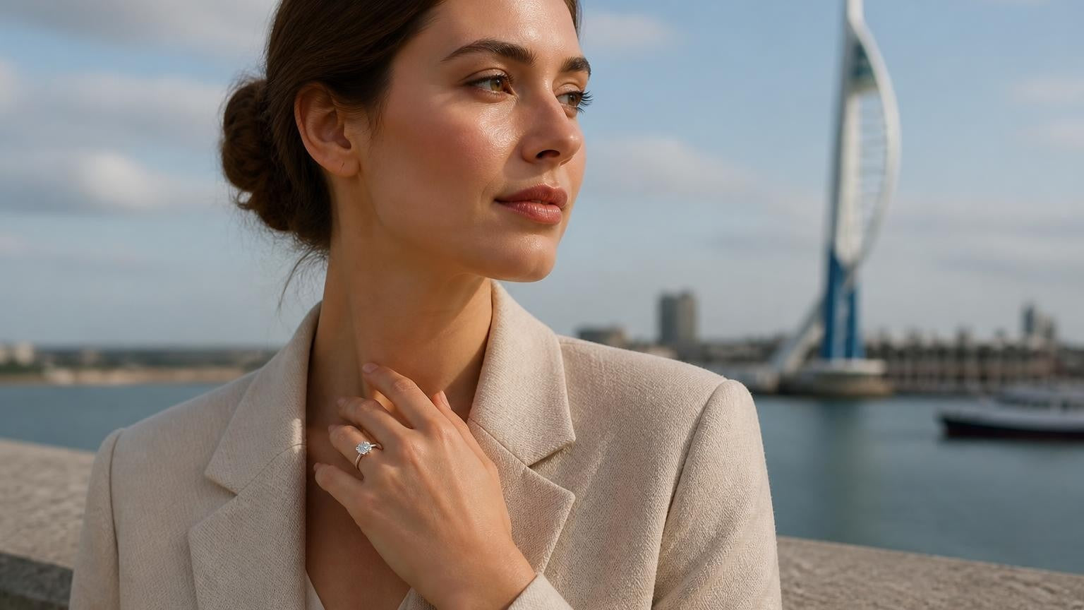 Best engagement rings in Portsmouth — Satéur Destinée Ring with Spinnaker Tower backdrop