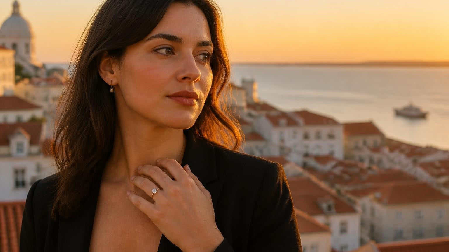 Best engagement rings in Portugal — Satéur Destinée Ring with Lisbon Alfama rooftops