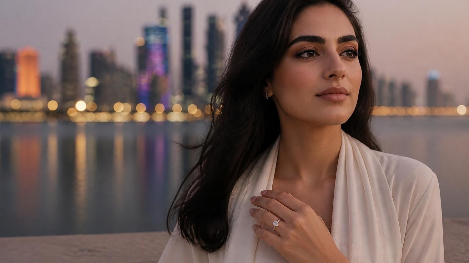 Best engagement rings in Qatar — elegant woman with solitaire ring, Doha West Bay skyline at dusk