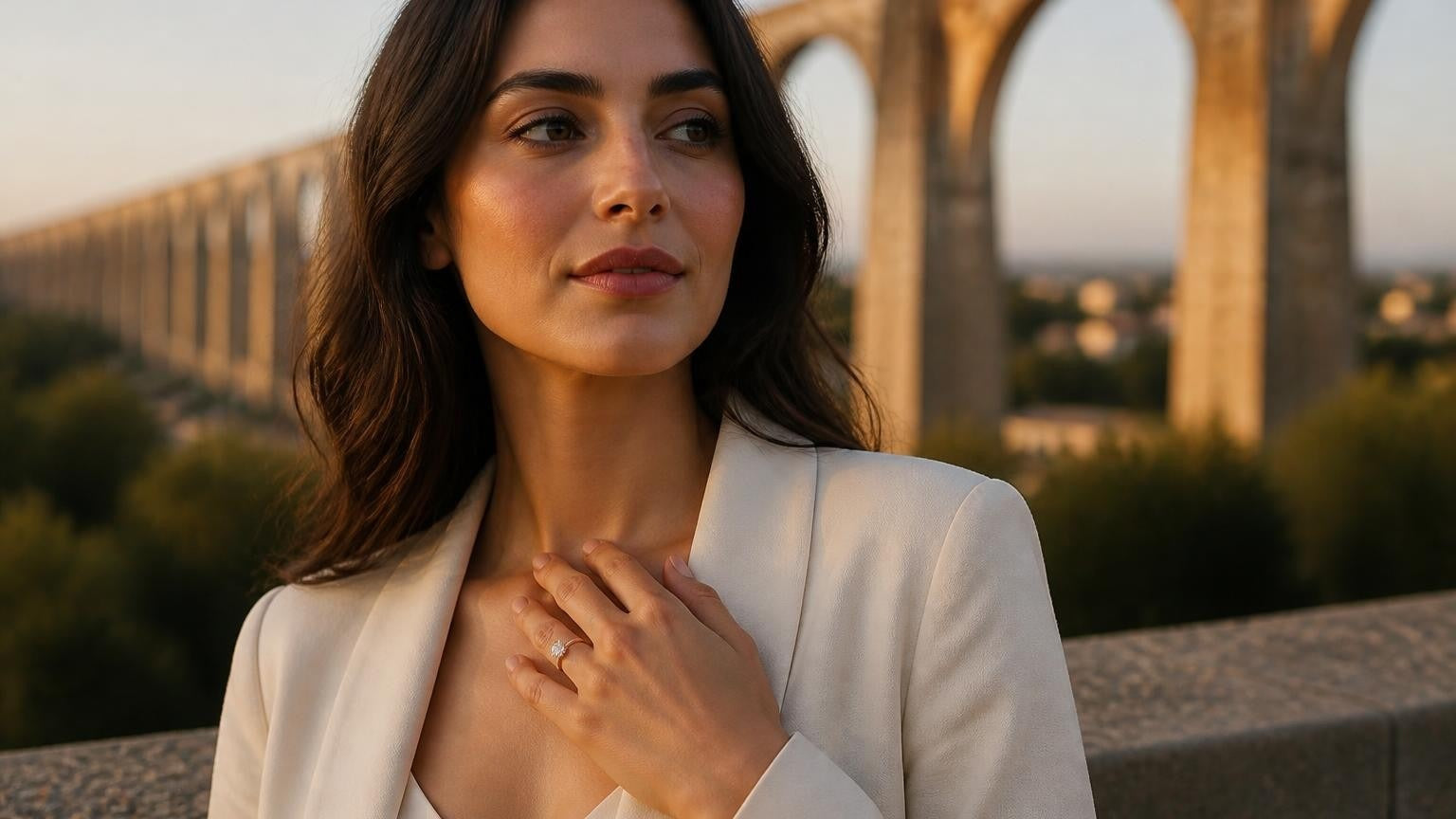 Best engagement rings in Querétaro — elegant woman with Satéur Destinée Ring™ at Querétaro colonial aqueduct
