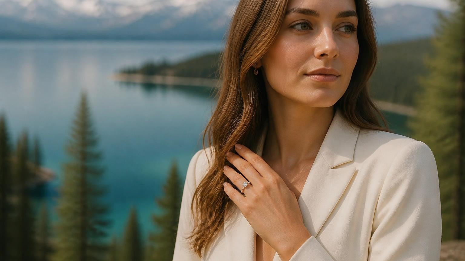 Best engagement rings in Reno — woman with Satéur Destinée Ring at Lake Tahoe, Sierra Nevada backdrop