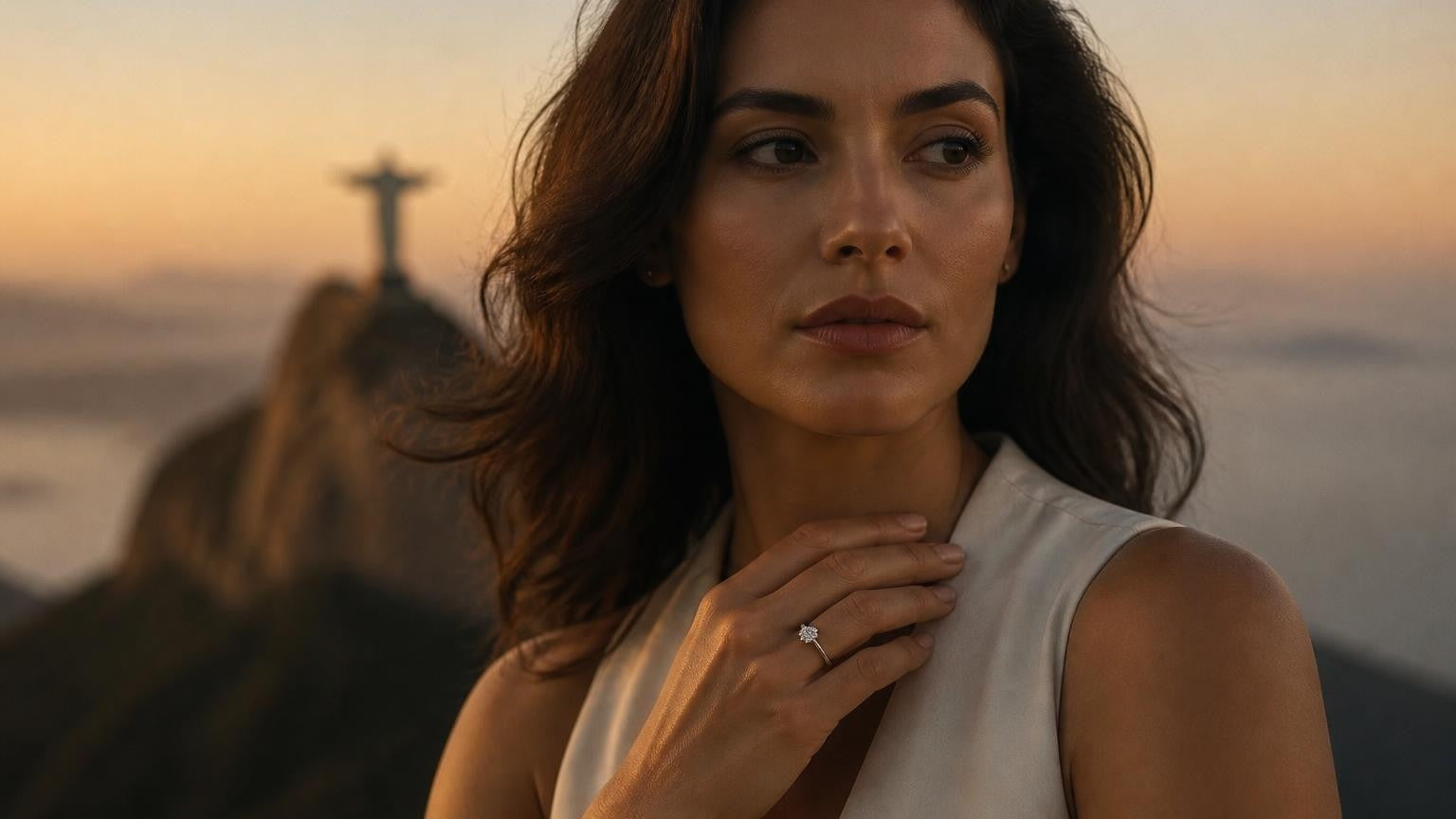Best engagement rings in Rio de Janeiro — elegant Carioca woman with ring before Christ the Redeemer at sunrise