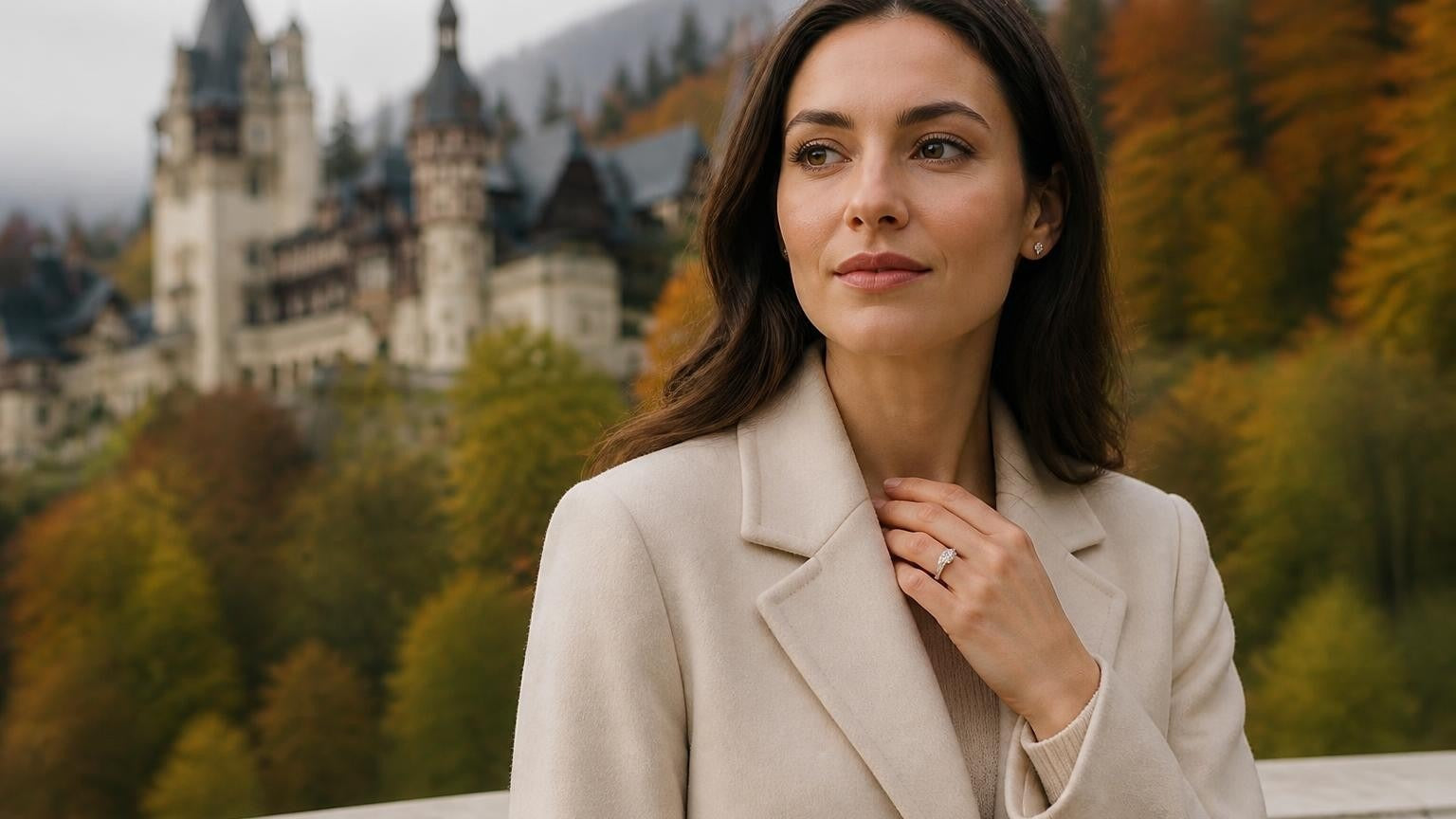 Best engagement rings in Romania — elegant woman with Satéur Destinée ring, Peles Castle in the Carpathians