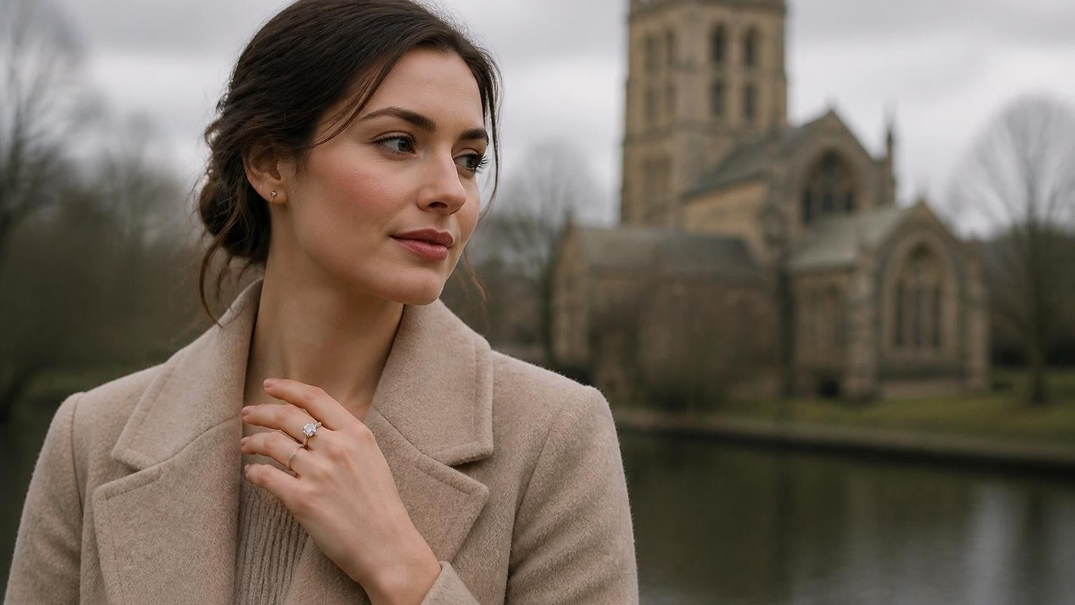 Best engagement rings in Rotherham — Satéur Destinée Ring with Rotherham Minster backdrop