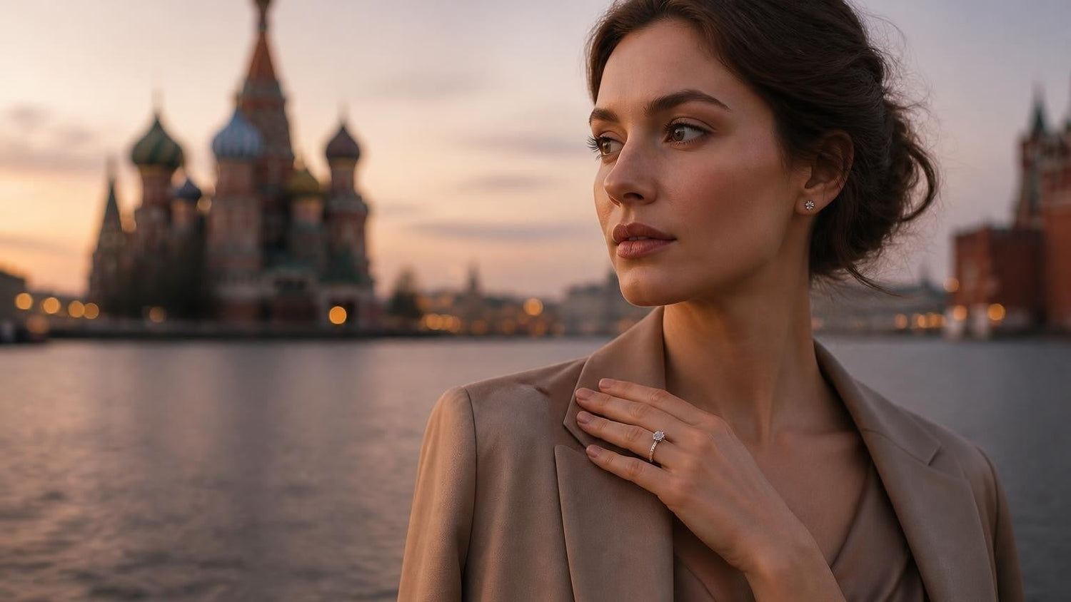 Best engagement rings in Russia — elegant woman with Satéur Destinée Ring, Saint Basil's Cathedral at dusk