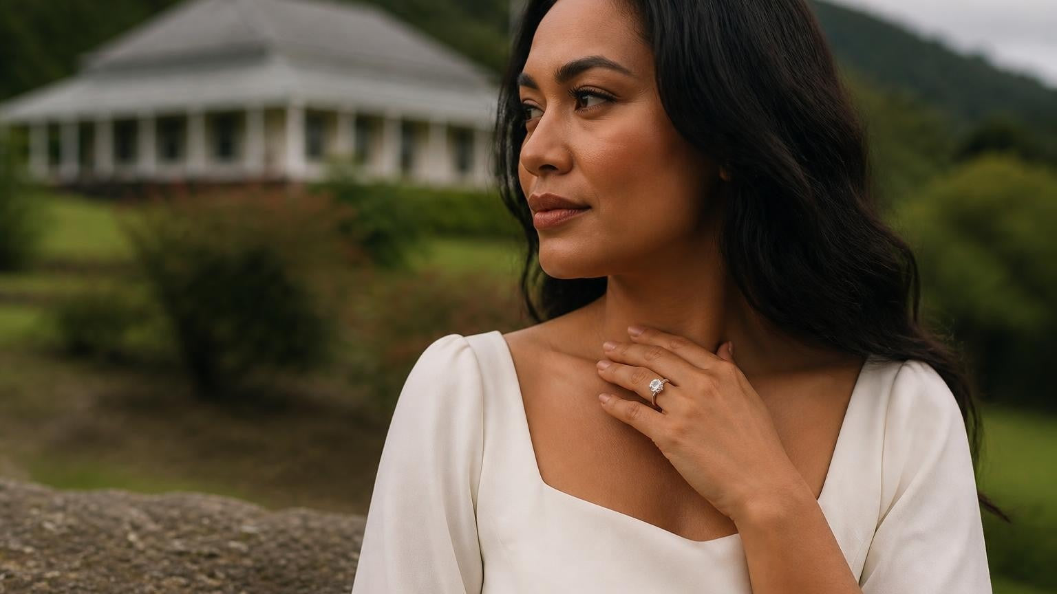 Best engagement rings in Samoa — Samoan woman wearing Satéur Destinée ring near Vailima estate, Mt Vaea
