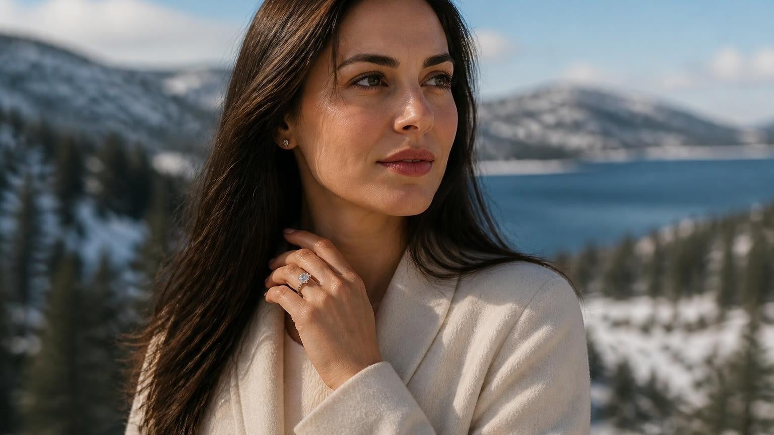 Best engagement rings in San Bernardino — Satéur Destinée Ring with Big Bear Lake and San Bernardino Mountains