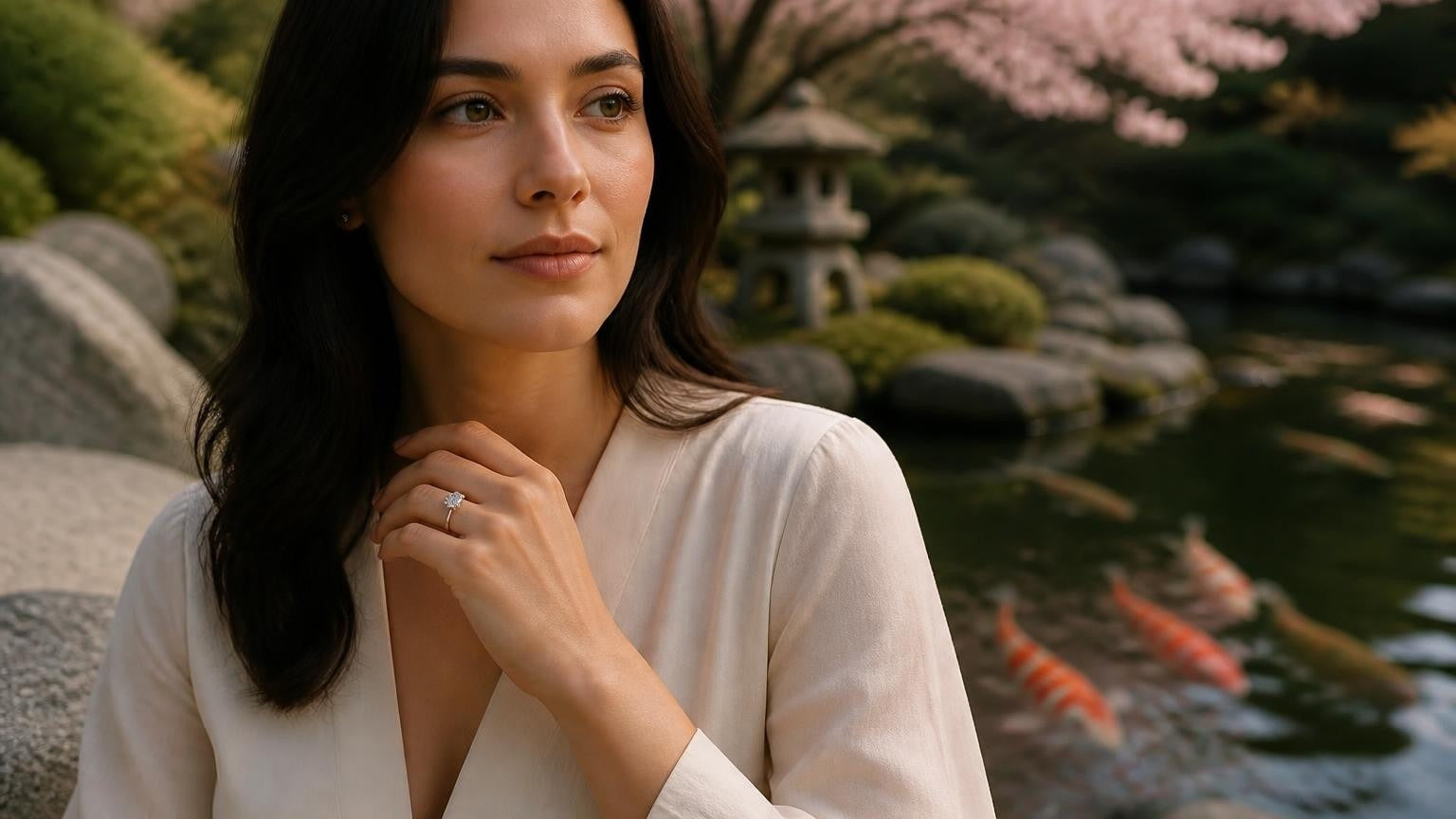 Best engagement rings in San Jose — elegant woman at Hakone Japanese Garden wearing the Satéur Destinée Ring