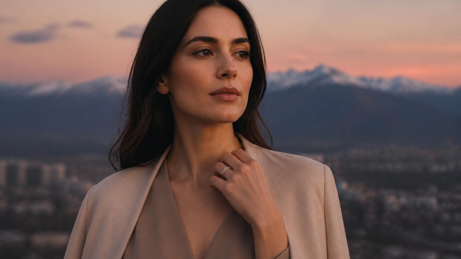 Best engagement rings in Santiago — elegant woman with Andes mountains at dusk, Satéur Destinée Ring