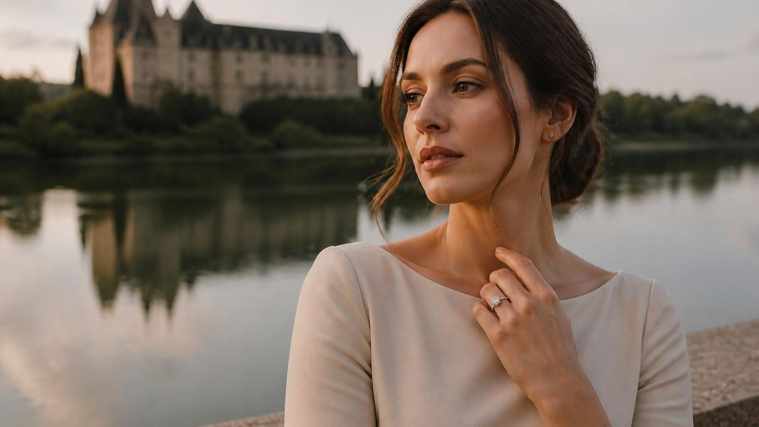 Best engagement rings in Saskatoon — woman with Satéur Destinée ring near Bessborough Hotel
