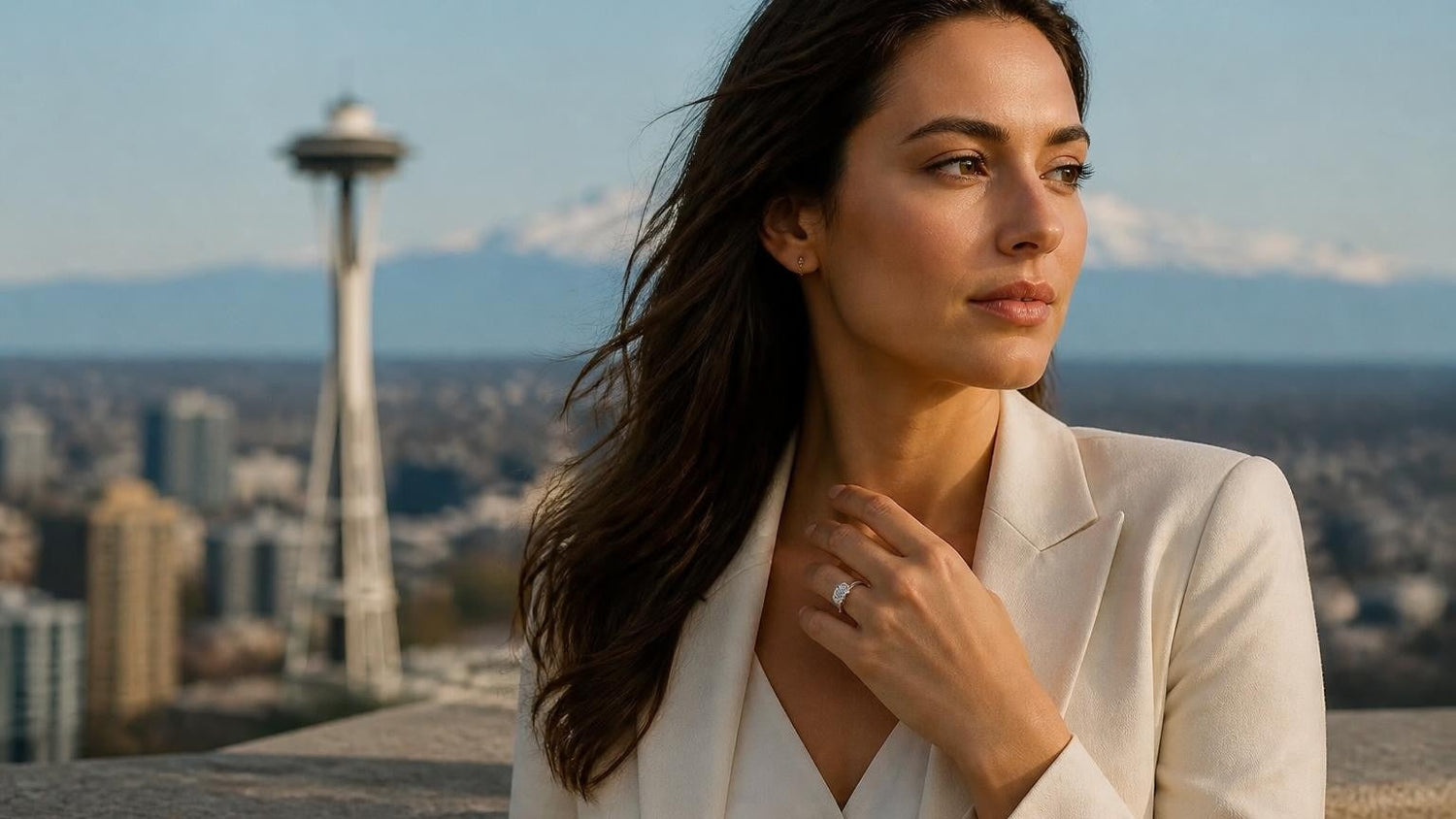 Best engagement rings in Seattle — Satéur Destinée Ring with Space Needle backdrop