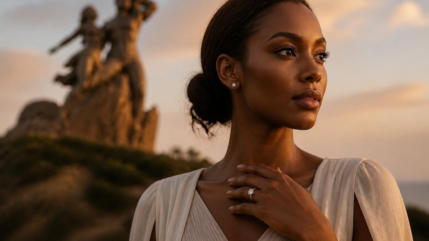 Best engagement rings in Senegal — Satéur Destinée Ring™ with the African Renaissance Monument at sunset